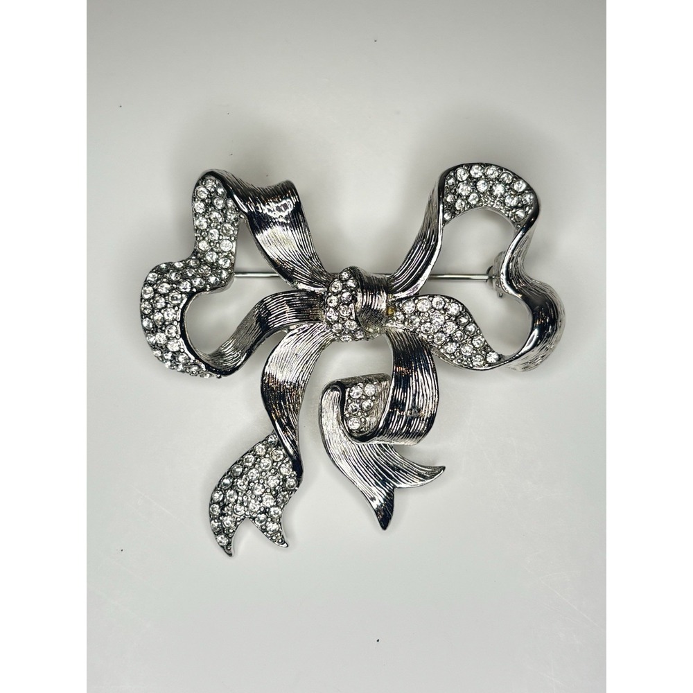 Vintage Signed Monet Bow Clear Crystals Textured SilverTone 2" Pin Brooch